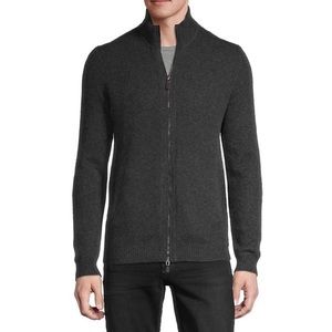 PRADA Grey Wool Cashmere Knit Zip Up High Collar Cardigan w Leather Patch Elbows